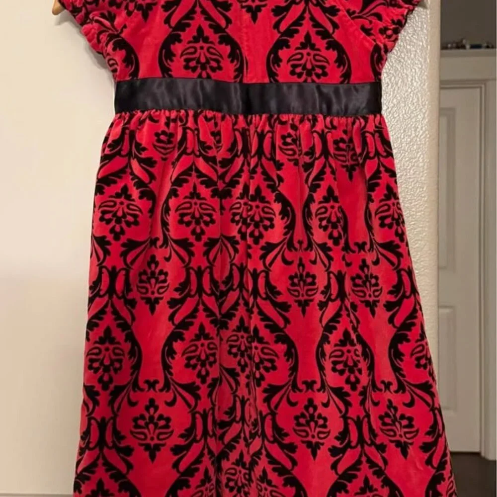 Girls Hanna Andersson Red Velvet Black Brocade Dress‎ Lace Trim-Size 120cm (6/7)